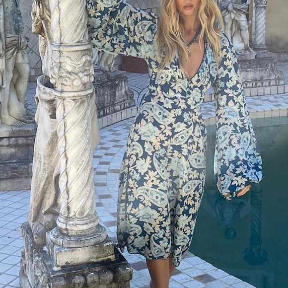 Night Moves Silk Satin Balloon Sleeve Midi Dress - Picture 2 of 7